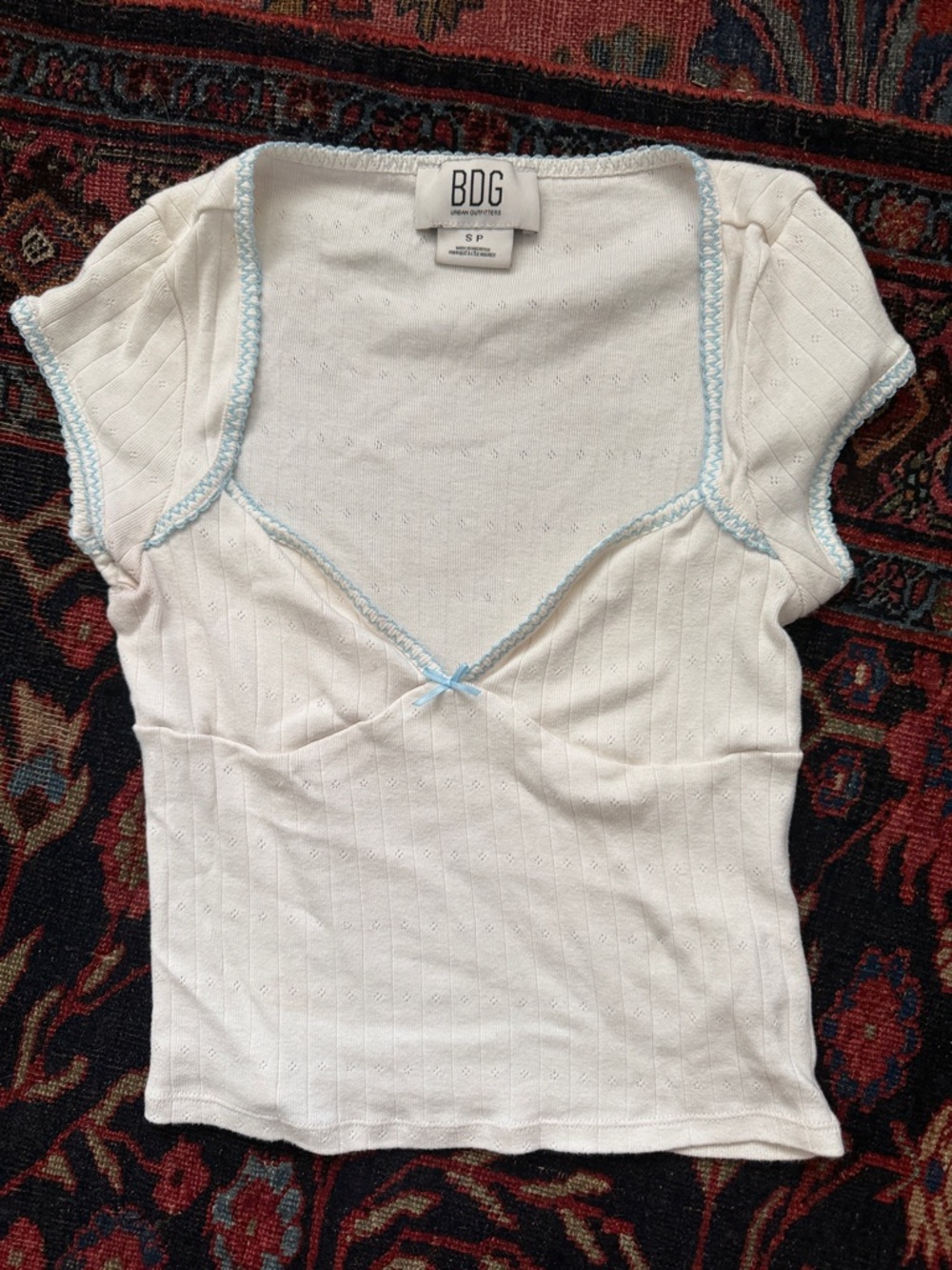 BDG White Ribbed Cap Sleeve Top with Light Blue Trim
